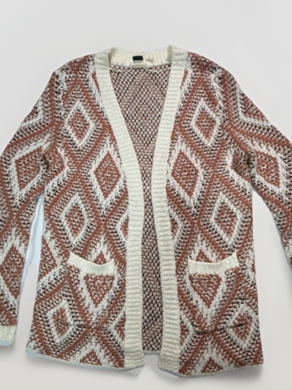EUC Roxy Women's Open Cream Black Orange Geometric Knit Pocketed Cardigan Medium